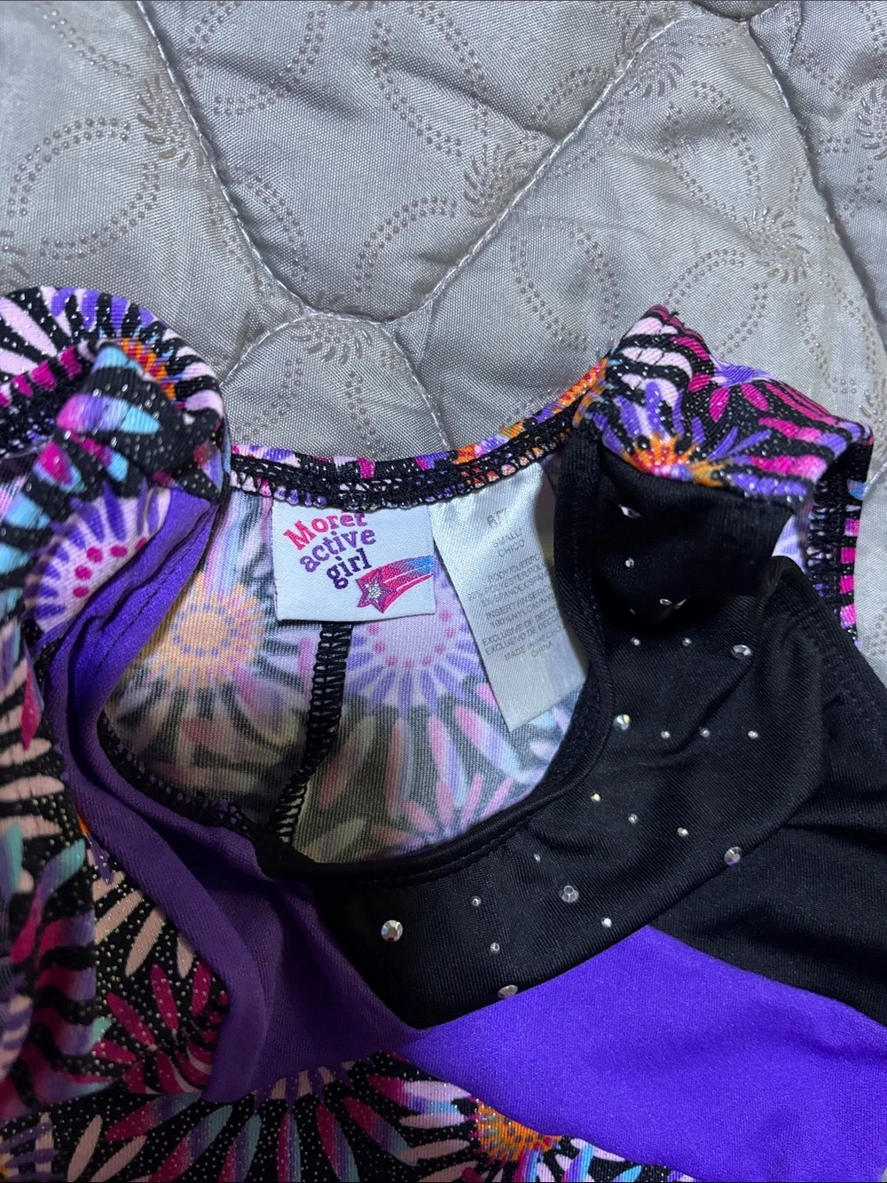 Floral Stretch Active Leotard with Purple Accent